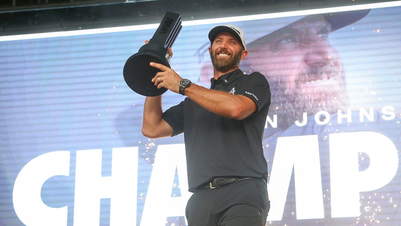 Dustin Johnson celebrates winning LIV Golf Tulsa