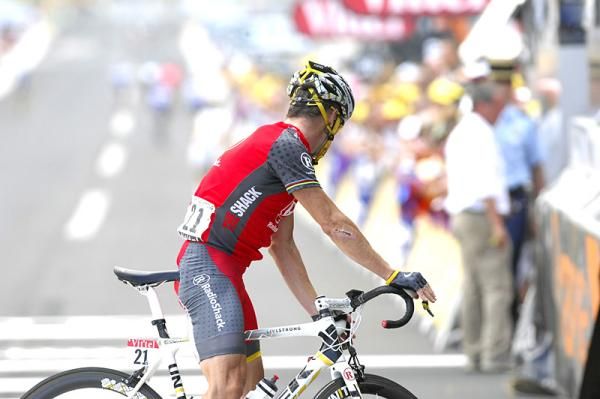 Lance Armstrong (RadioShack) does a u-turn immediately after finishing.