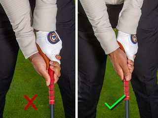 Demonstration of correct and incorrect grip to fix a hook in golf