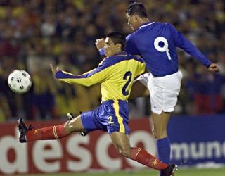 Mario Jardel (on the right) in action for Brazil against Colombia in a World Cup qualifier in 2000.