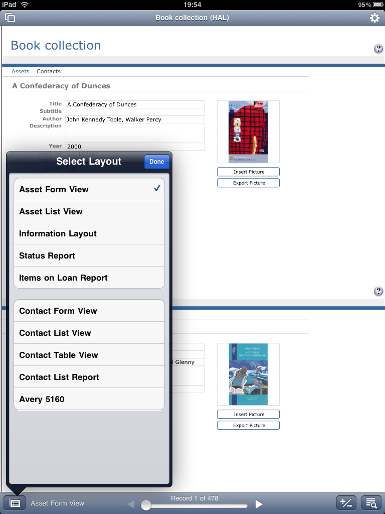 Controls in the bottom tool bar allow you to quickly change the database view, as well as sort, edit and delete records.