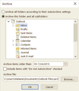 outlook archive options