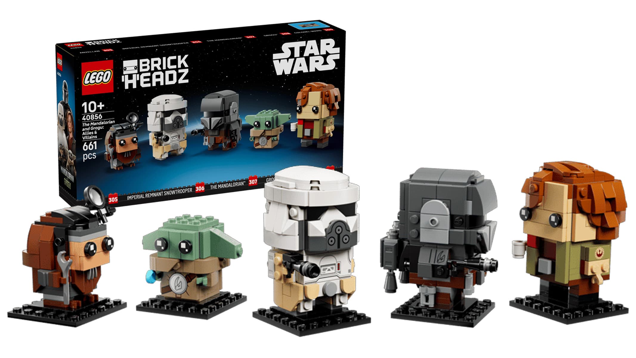 five brick-built figures from The Mandalorian are displayed in front of a blue product box on a white background.
