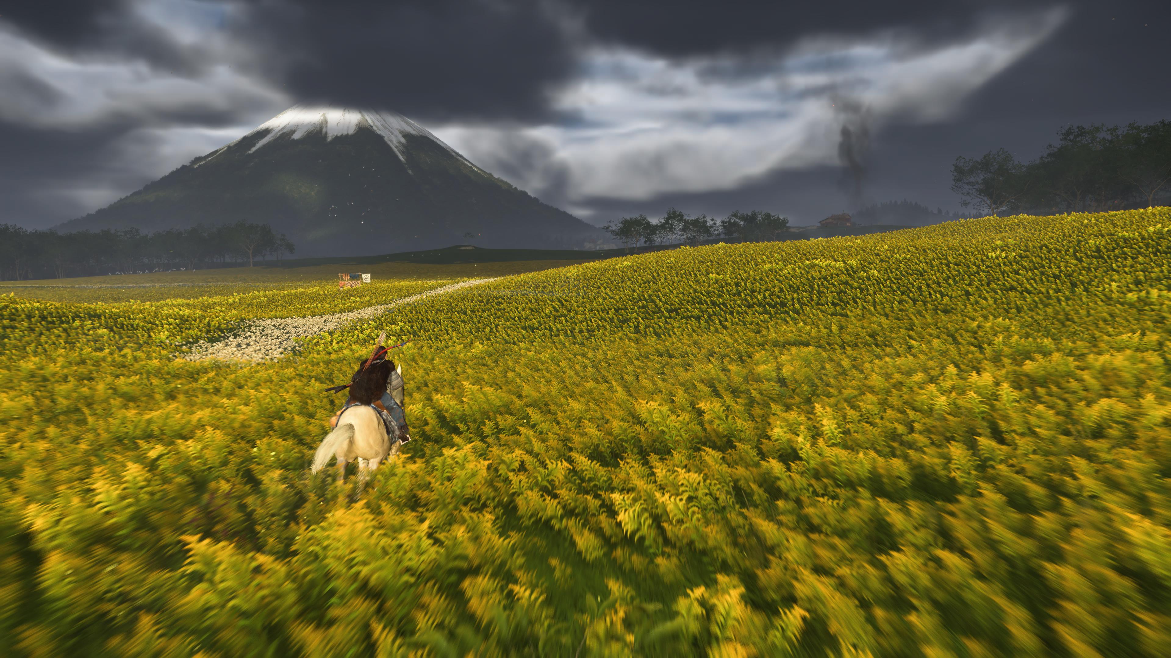 Ghost of Yotei gameplay that shows Atsu riding through a vast field of yellow flowers, with Mount Yotei looming beneath dark skies