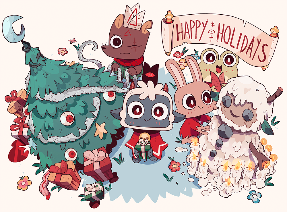 Cult of the Lamb holiday new year&#039;s celebration image with characters from the video game around a festive tree and new years&#039; decor including a snowman