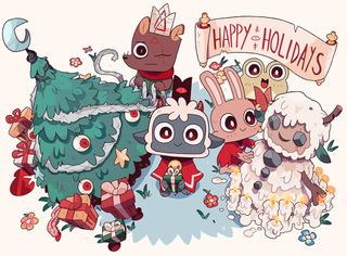 Cult of the Lamb holiday new year's celebration image with characters from the video game around a festive tree and new years' decor including a snowman