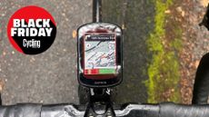 Garmin Edge 540 mounted on a K-Edge outfront mount, with the cycling weekly black friday roundel in the corner