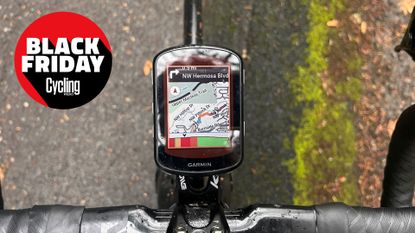 Garmin Edge 540 mounted on a K-Edge outfront mount, with the cycling weekly black friday roundel in the corner