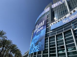 The entrance to the Anaheim Convention Center, decked out for the 2023 NAMM Show