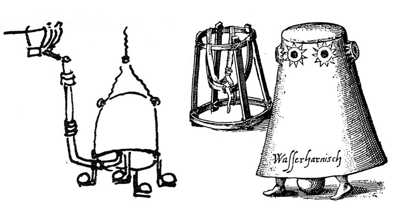 The researchers think the diving bell was based on a 1606 design by the Spanish inventor Jer&oacute;nimo de Ayanz, which was later used to gather pearls in Venezuela (left). A diving bell designed in 1616 by the German inventor Franz Kessler is also shown (right).
