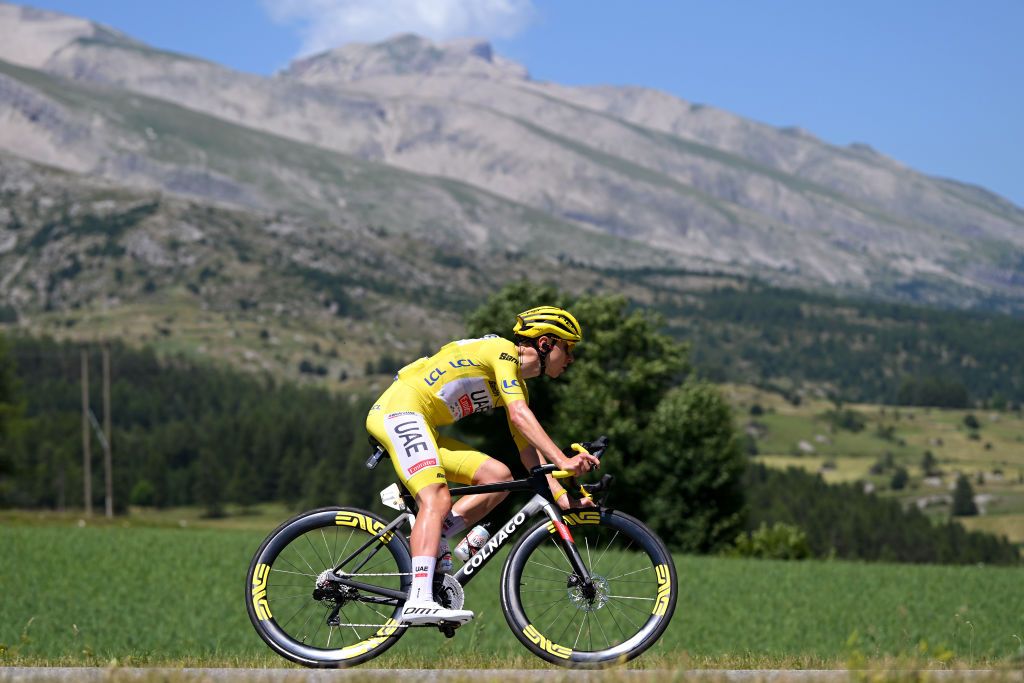 BARCELONNETTE FRANCE JULY 18 Tadej Pogacar of Slovenia and UAE Team Emirates Yellow Leader Jersey competes during the 111th Tour de France 2024 Stage 18 a 1795km stage from Gap to Barcelonnette 1134m UCIWT on July 18 2024 in Barcelonnette France Photo by Dario BelingheriGetty Images
