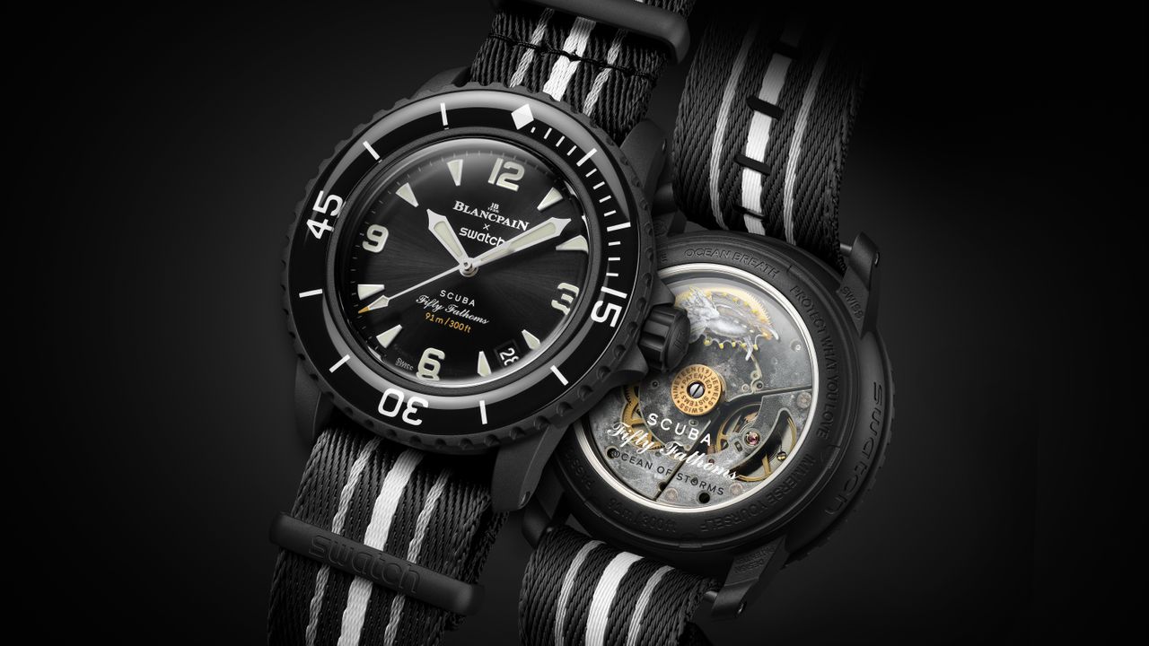 The Swatch x Blancpain Fifty Fathoms &#039;Ocean of Storms&#039; on a black background