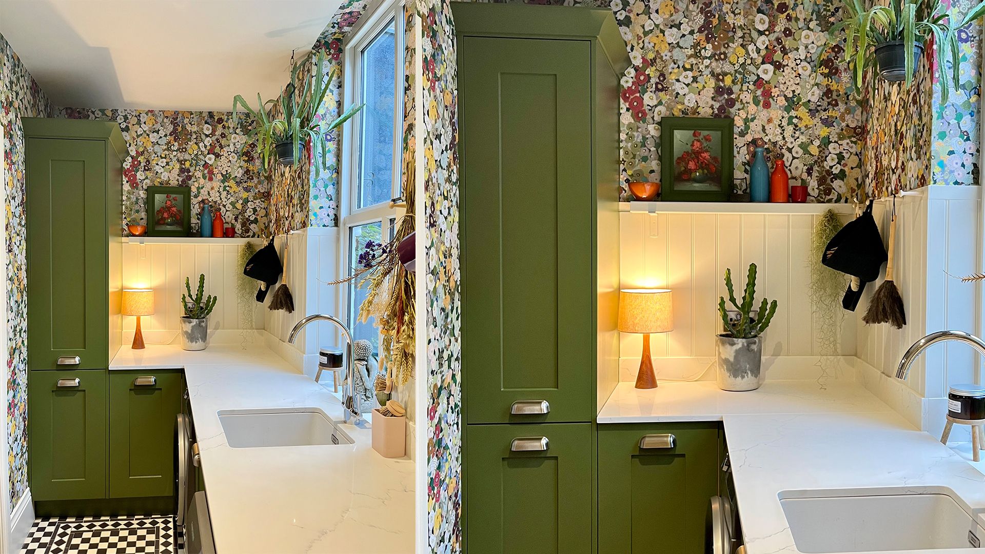 colorful laundry room with white worktops and patterned wallpaper showing a stylish small laundry room idea