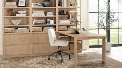 An example of one of many small office layout ideas: Small office with wood desk and white chair
