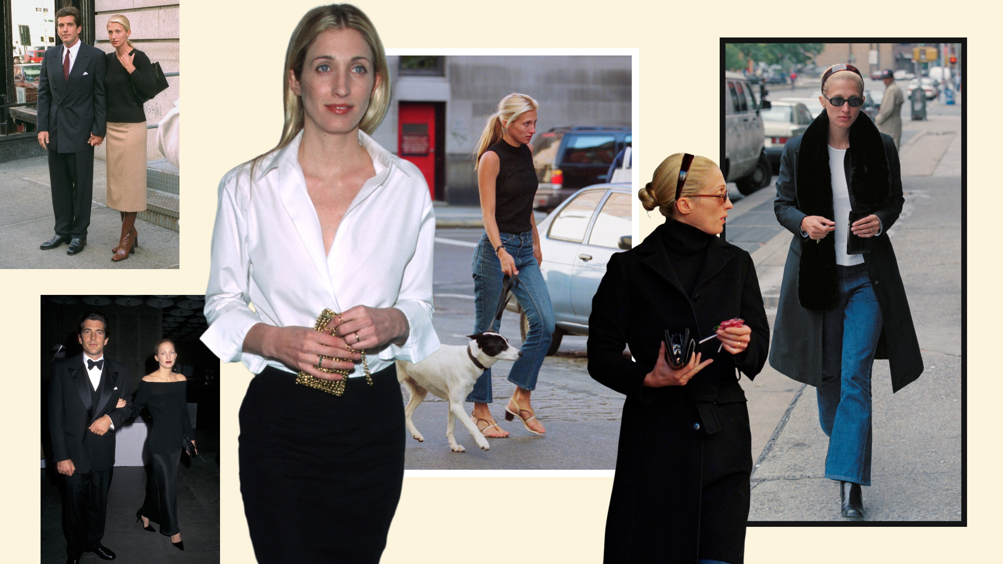collage of Carolyn Bessette Kennedy wearing minimalist outfits 