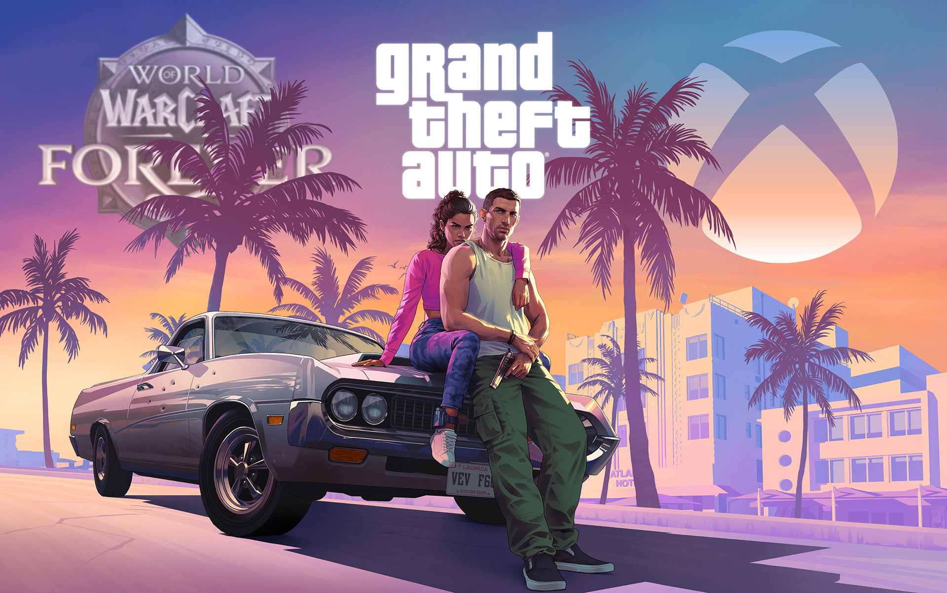 GTA 6 art with Xbox and WoW logos