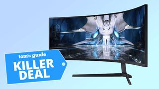 SAMSUNG 49" Odyssey Neo G9 G95NA Gaming Monitor on a blue background with the "Tom's Guide killer deal" tag overlaid