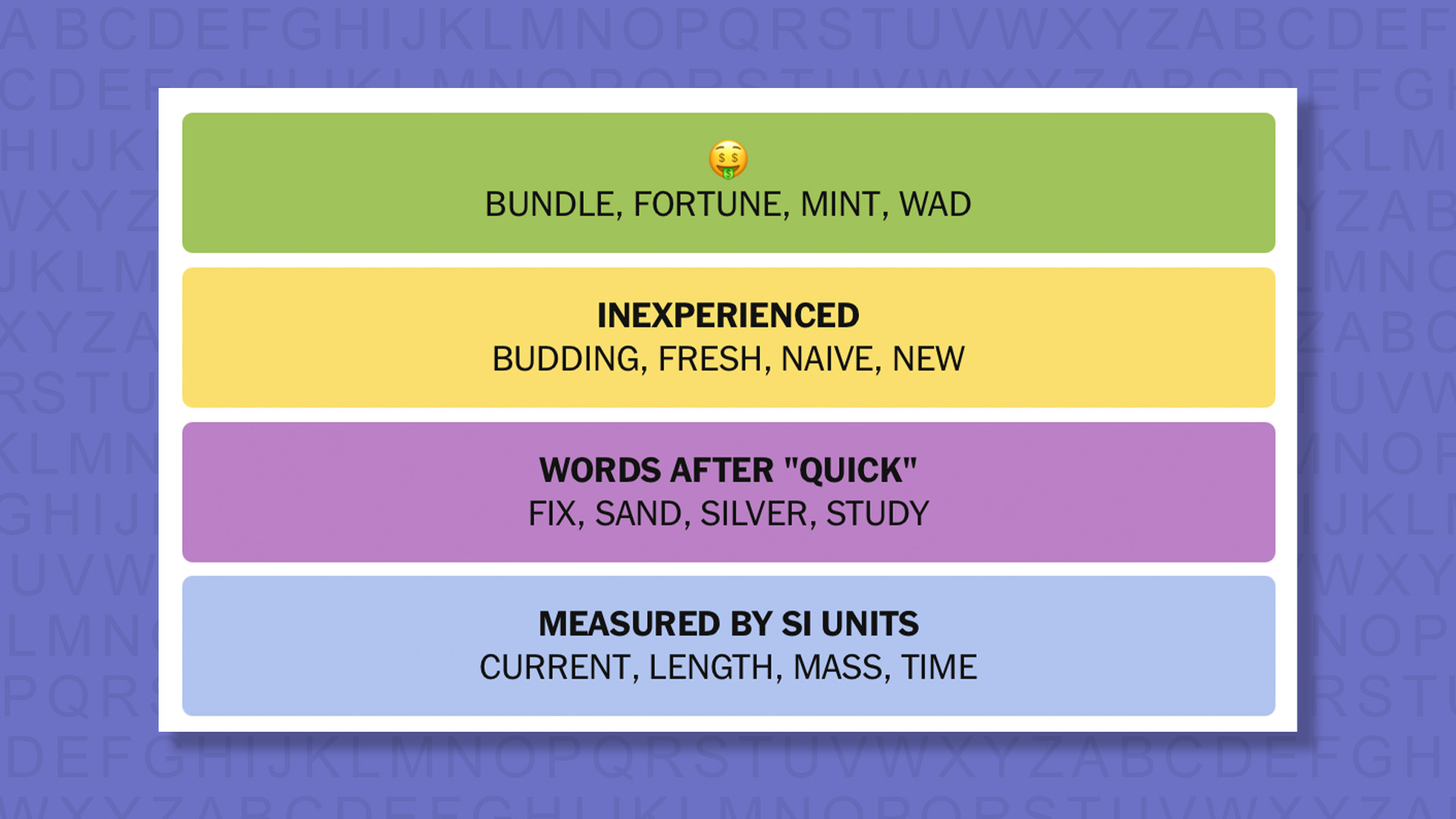 NYT Connections answers for game 953 on a purple background