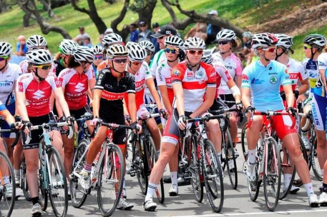 The women await the start of their race in blustery conditions