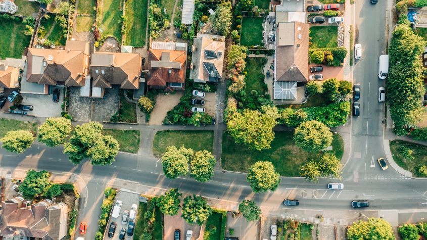 A aerial daytime view of a suburban road in London