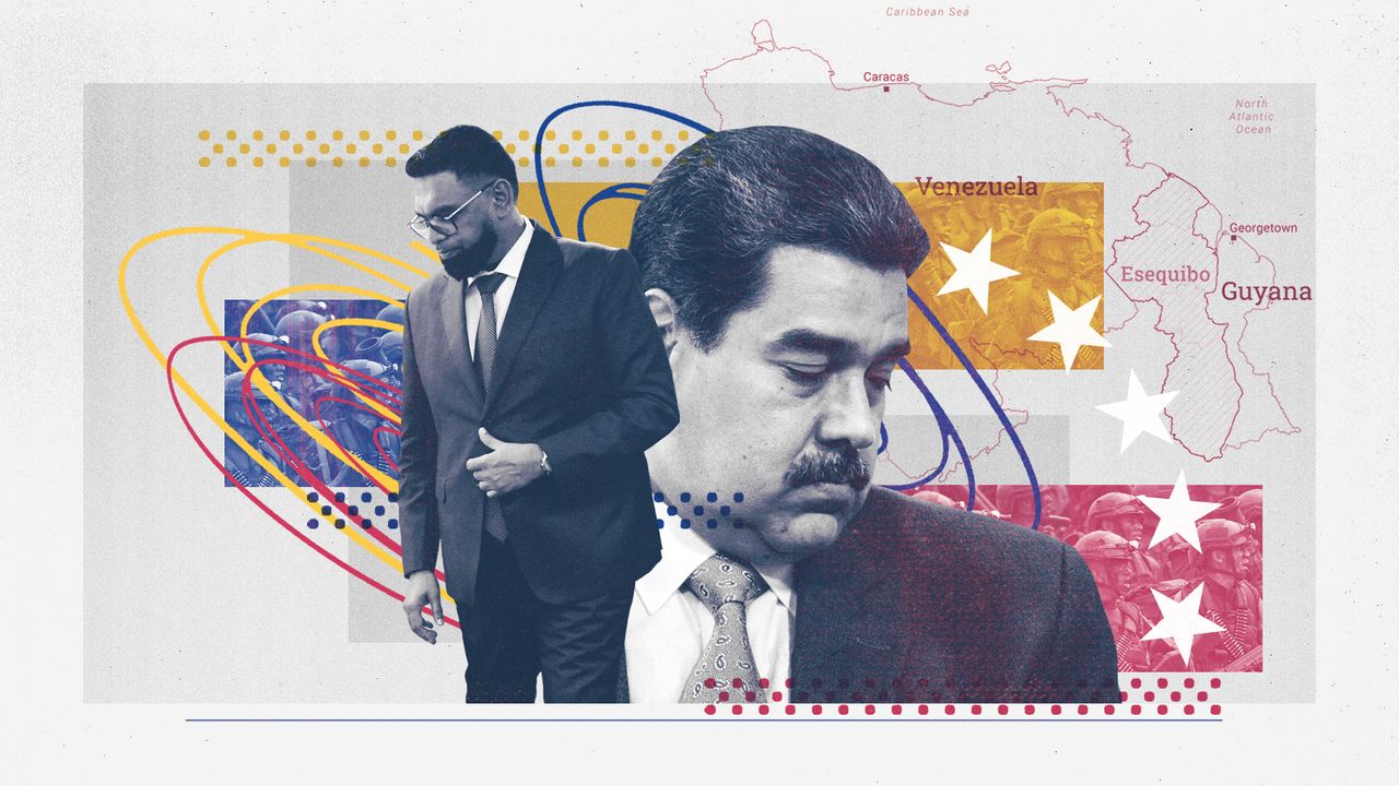 Photo montage of Nicolas Maduro, Irfaan Ali with a map of the Venezuela and Guyana