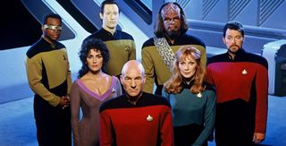 (Left to right) LeVar Burton, Marina Sirtis, Brent Spiner, Patrick Stewart, Michael Dorn, Gates McFadden and Jonathan Frakes.