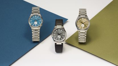 The Citizen Tsuyosa Small Seconds shown in three different configurations on a white, blue and green background