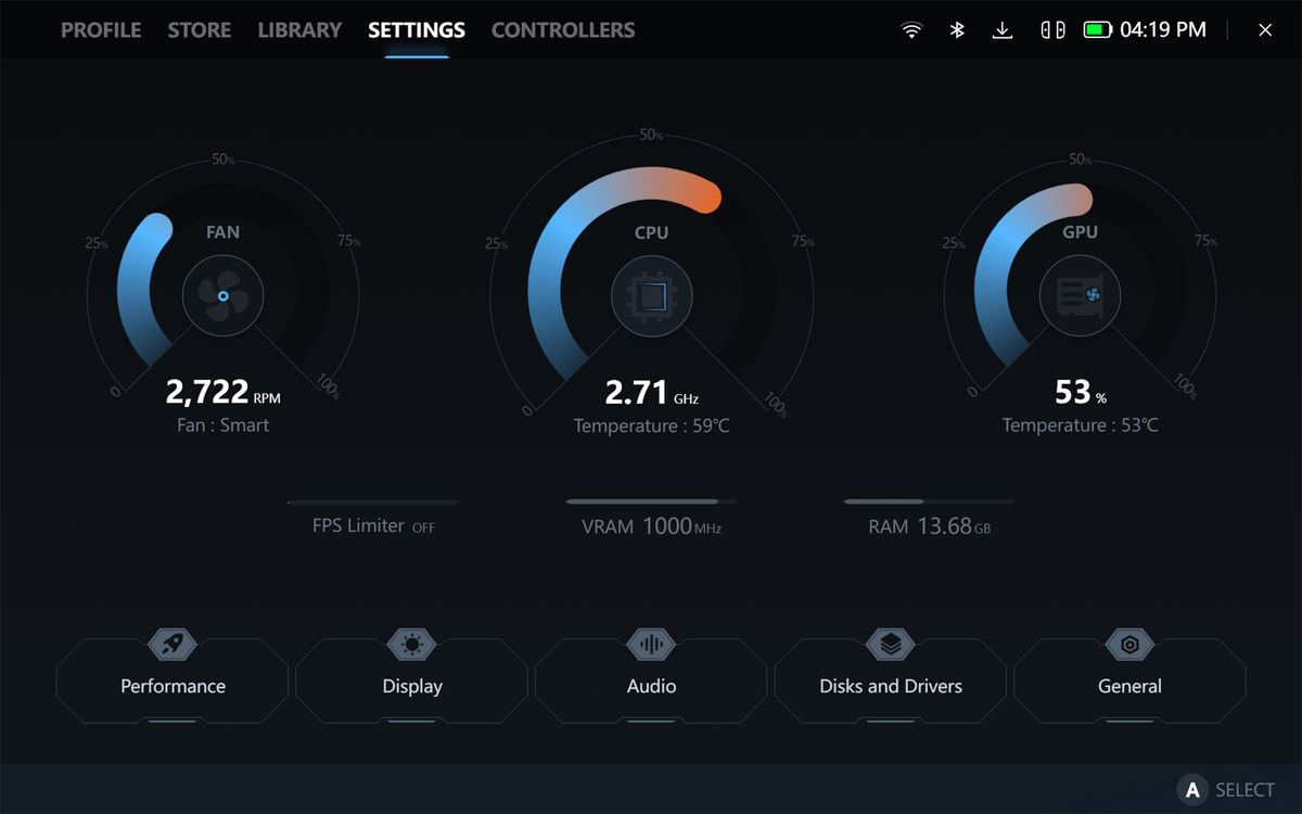 A screenshot of the Legion Space program showing the current performance of the device.