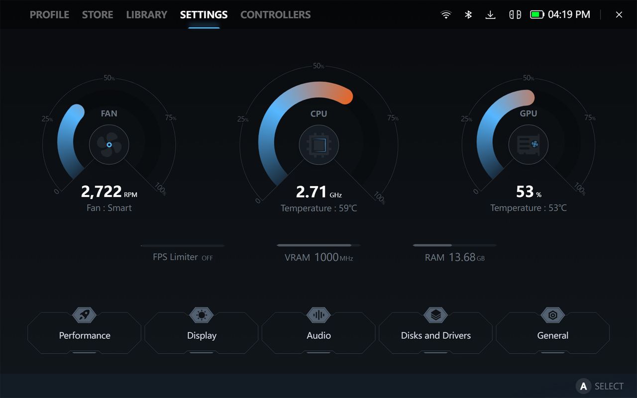 A screenshot of the Legion Space program showing the current performance of the device.