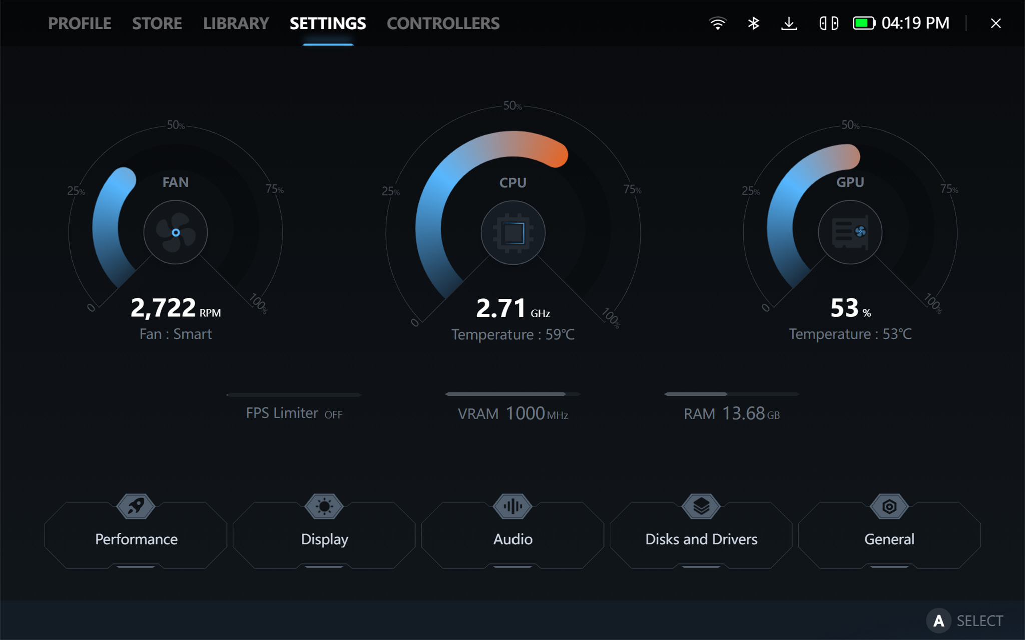 A screenshot of the Legion Space program showing the current performance of the device. 