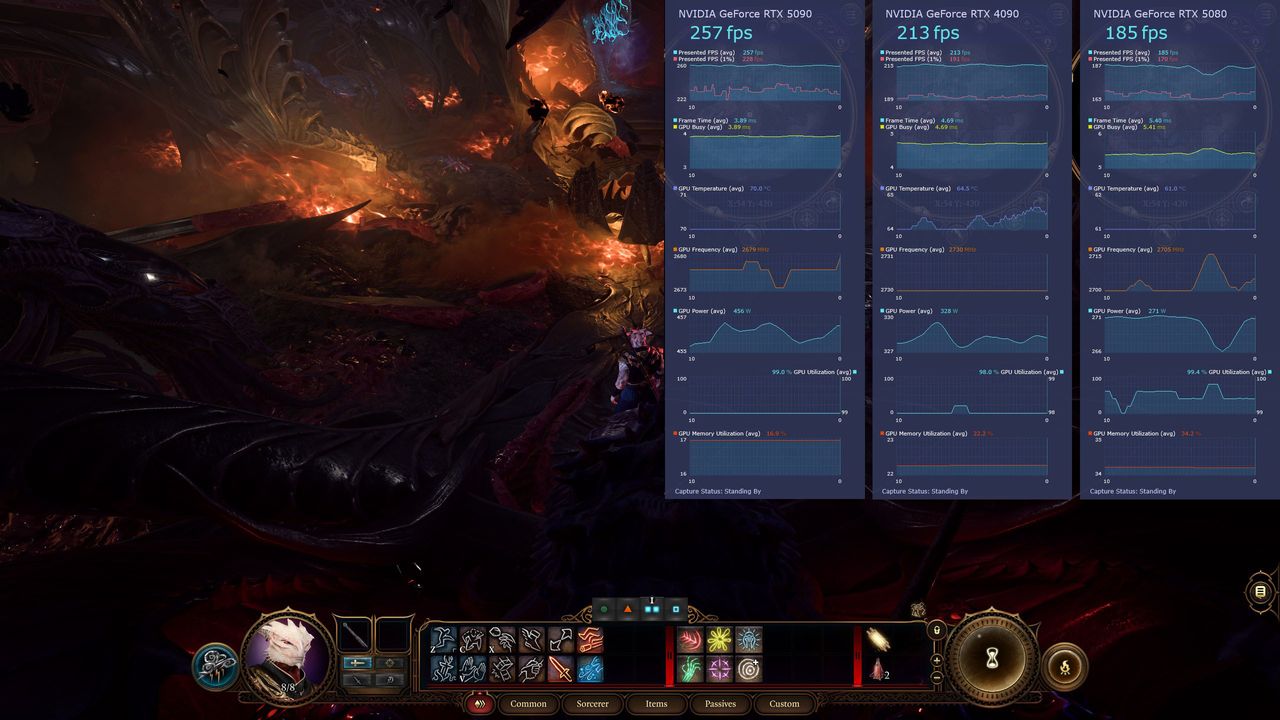 NVIDIA GeForce RTX 5080 Founders Edition gaming performance compared against RTX 5090 FE and RTX 4090 FE in Baldur's Gate 3