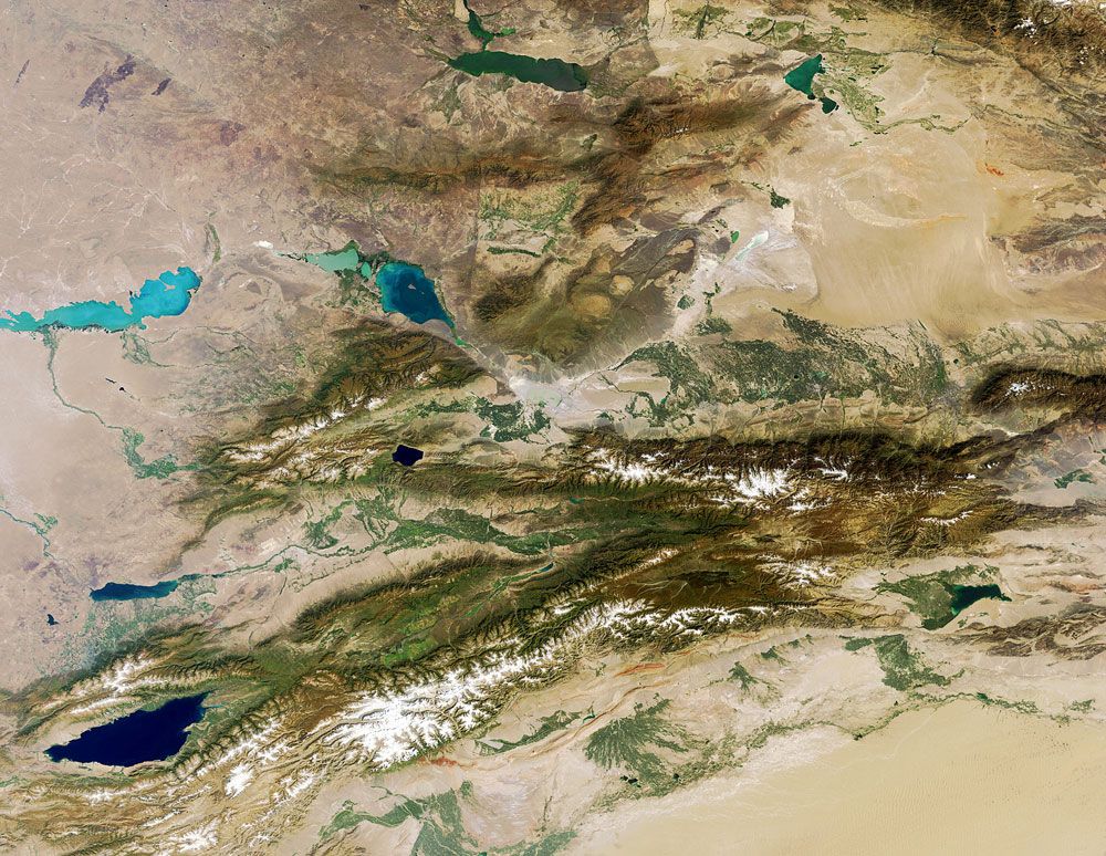 The Tian Shan Mountains as seen by the European Space Agency&#039;s Envisat satellite in September 2011.