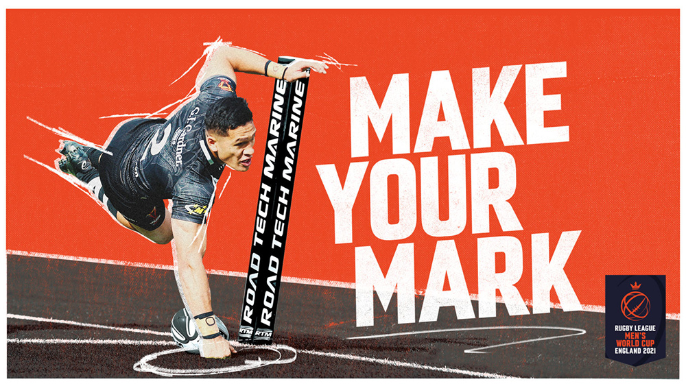 An image of a billboard design promoting the Rugby League World Cup 2021