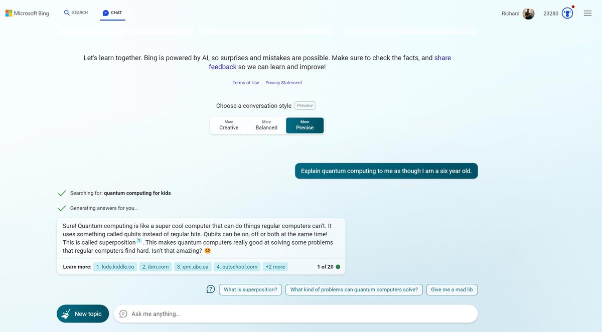 Bing Chat explaining quantum computing
