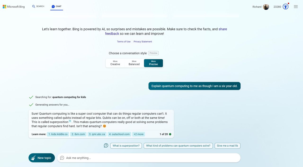 Bing Chat explaining quantum computing