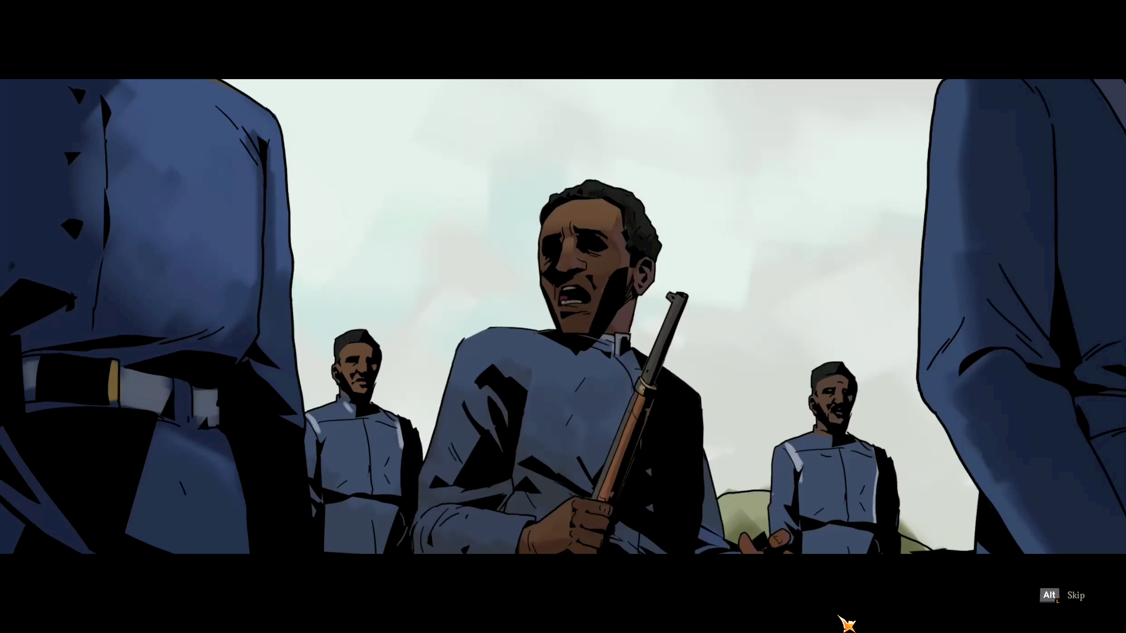 A screenshot of a Hell Clock cutscene. A man in a blue uniform holding a rifle looks around in fear.