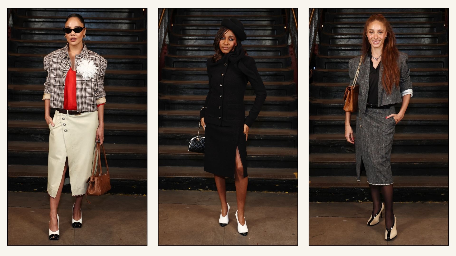 Collage of Chanel&#039;s Métiers d&#039;art Show in New York attendees wearing high-vamp heels.
