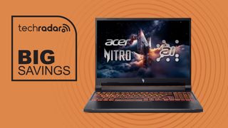 Acer Nitro V 16 gaming laptop on orange background with big savings text overlay