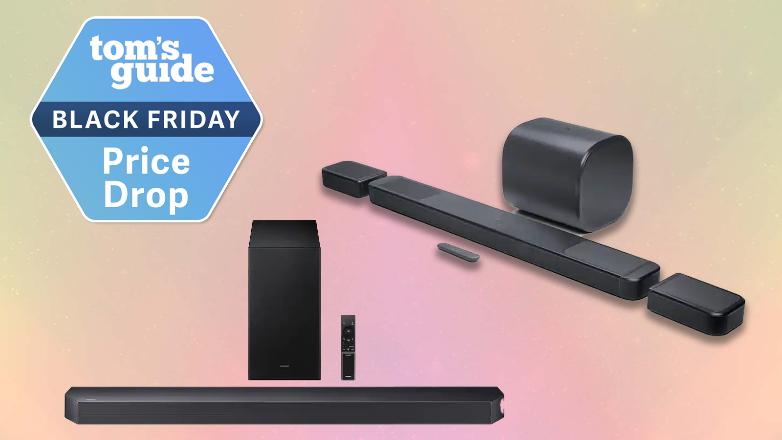 the samsung q600f and the jbl bar 1300 mk2 with a tom&#039;s guide black friday blue deal badge on a pink background