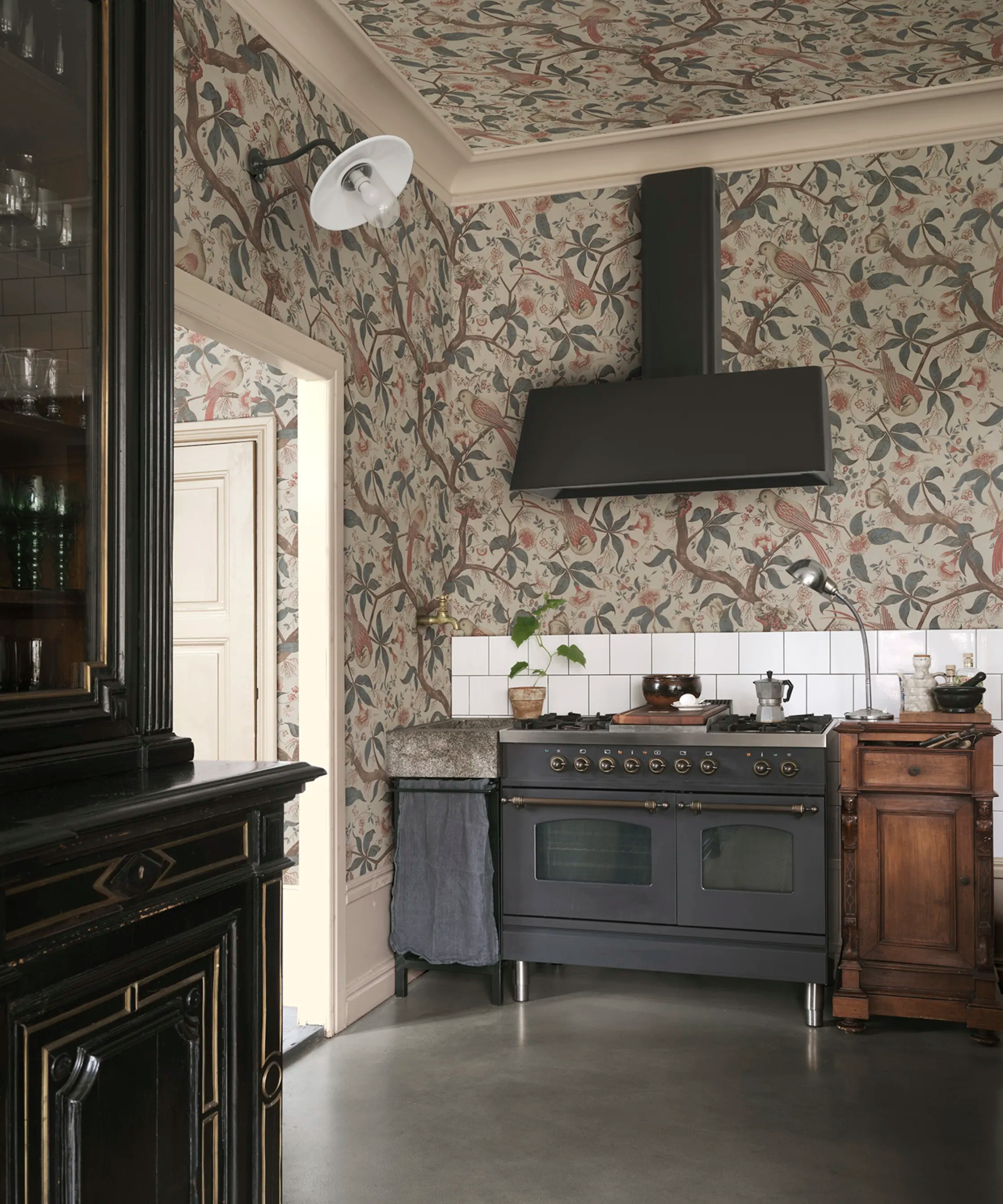 a rustic kitchen with bird wallpaper on the walls and ceiling, a vintage-inspired oven with a range hood and a small wooden cabinet next to the oven