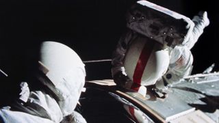 While on their way back to Earth from the moon, astronaut Thomas K. Mattingly II, command module pilot, inspected the Service Module, retrieving film from the Mapping and Panoramic Cameras in the process.