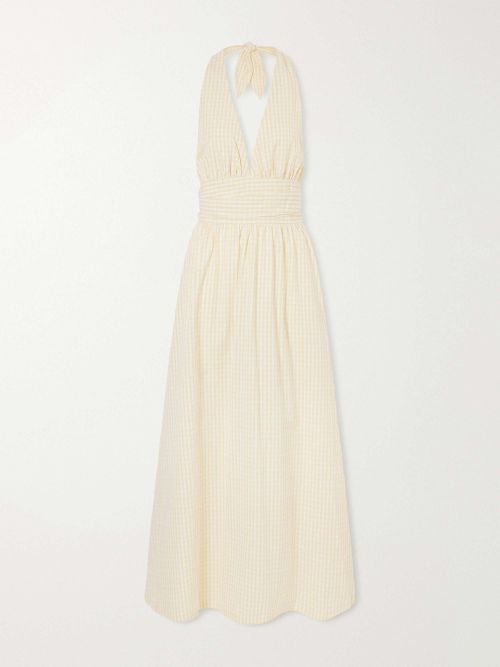 Lido Gathered Checked Cotton Halterneck Maxi Dress