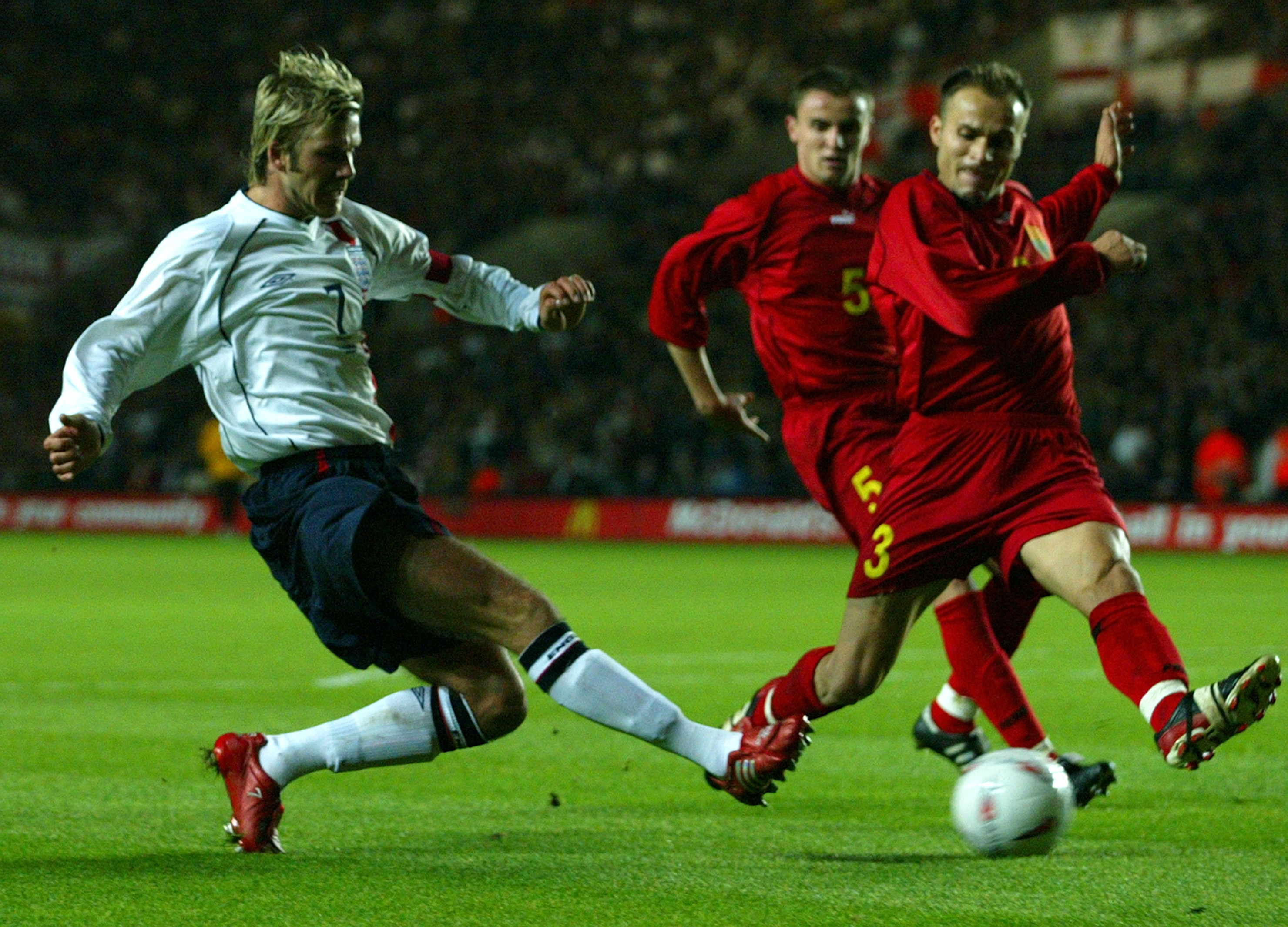 David Beckham in action for England against Macedonia in Euro 2004 qualifying in October 2002.