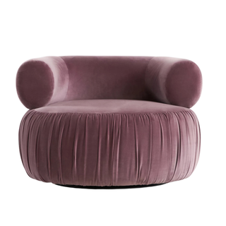 purple velvet swivel chair with a pleated base