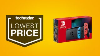 Nintendo Switch console on yellow background next to Techradar lowest price badge