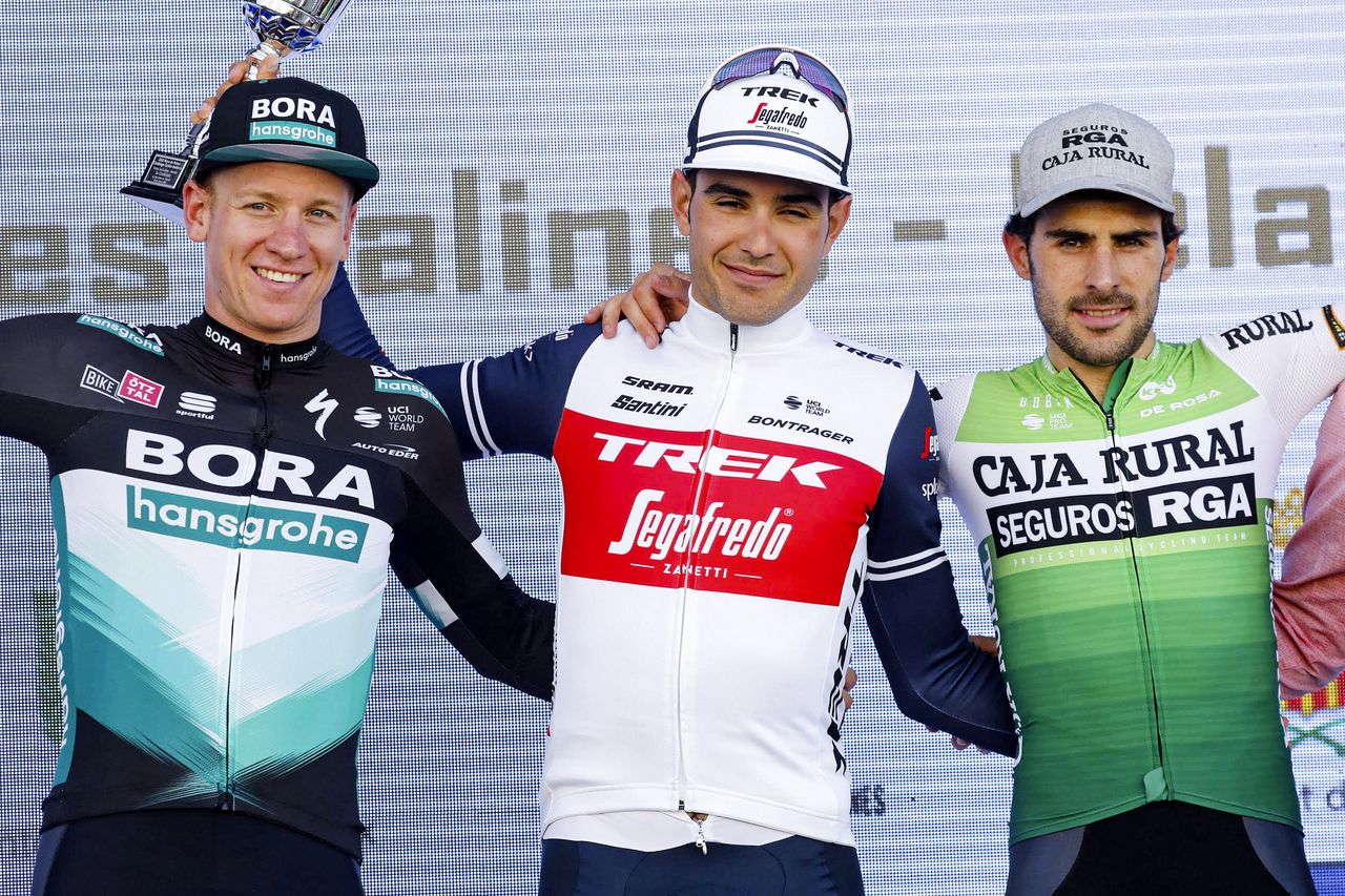 The podium of the opening Challenge Mallorca race (l-r): Pascal Ackermann, Matteo Moschetti and Jon Aberasturi