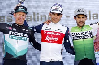 The podium of the opening Challenge Mallorca race (l-r): Pascal Ackermann, Matteo Moschetti and Jon Aberasturi 