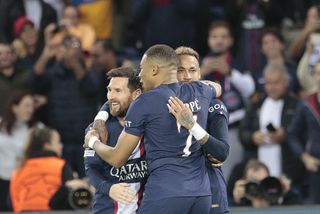 Lionel Messi, Neymar and Kylian Mbappe celebrate a goal for Paris Saint-Germain against Maccabi Haifa in the Champions League in October 2022.