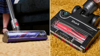 A Dyson cordless stick vacuum floorhead, next to one on a Shark vacuum