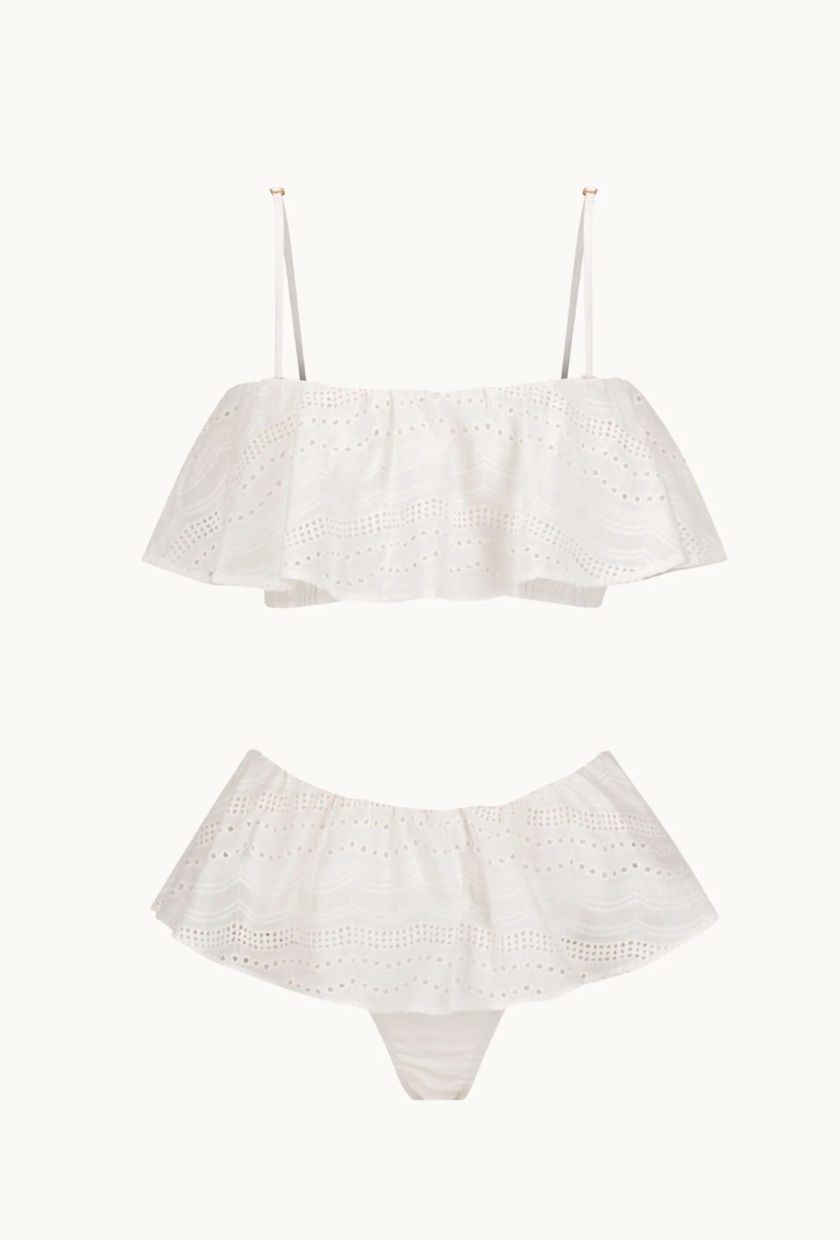 An image of a white frilly bikini from Cleonie Swimwear, an Australian swimwear brand.